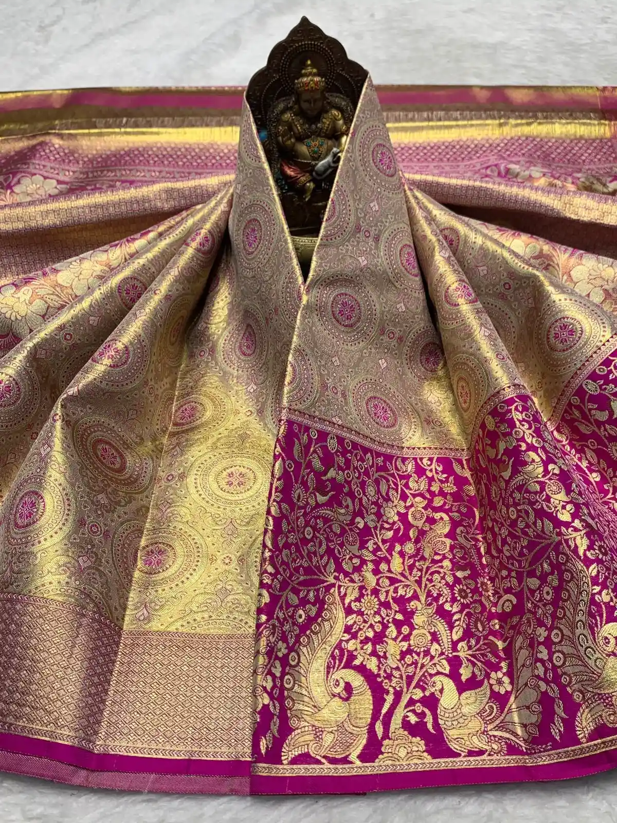 Peach Maroon Kanchipuram Handloom Bridal Silk Saree